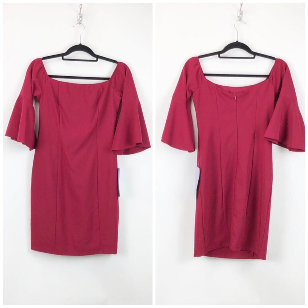 Miss Kim Large NWT Womens Wine Red Off-shoulder Bell Sleeve Form-fitting Dress